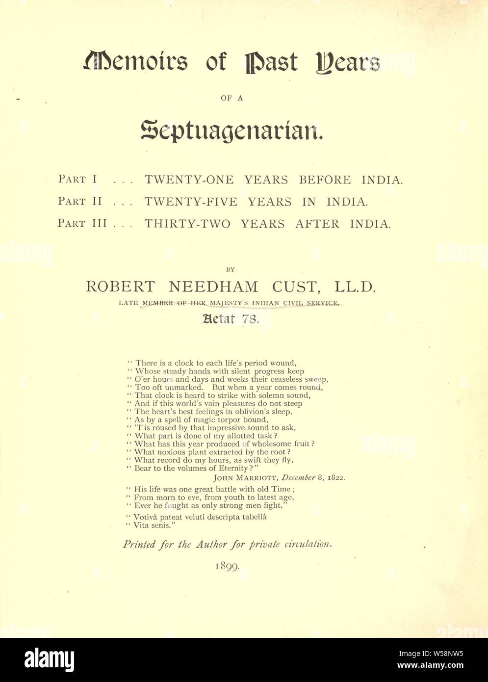 Memoirs of past years of a septuagenarian : Cust, Robert Needham, 1821-1909 Stock Photo