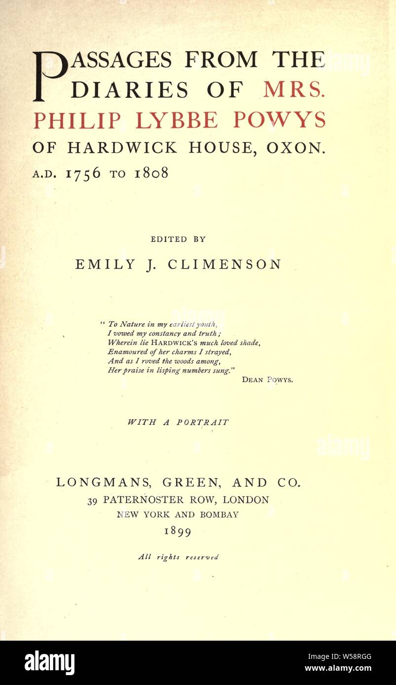 Passages from the diaries of Mrs. Philip Lybbe Powys of Hardwick house, Oxon : A.D. 1756-1808 : Powys, Caroline, 1738-1817 Stock Photo