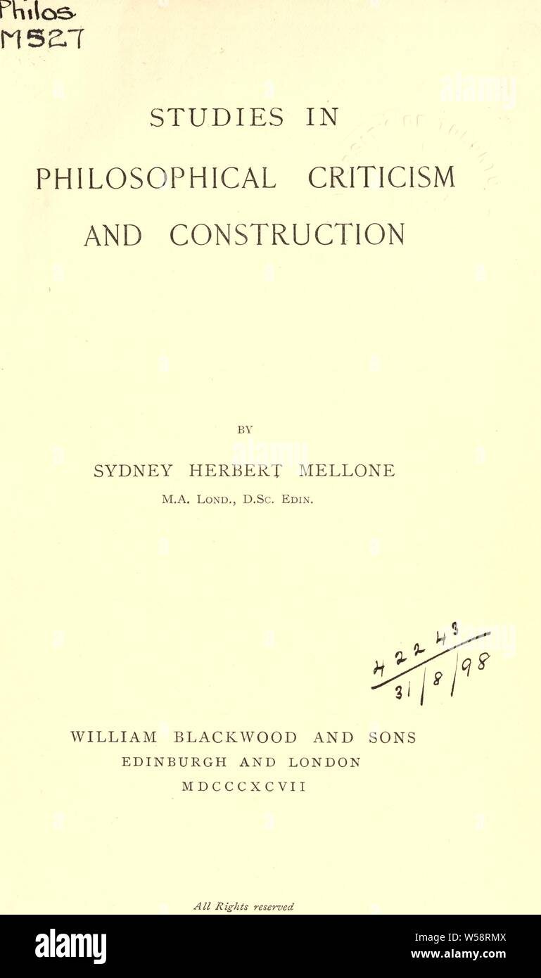 Studies in philosophical criticism and construction : Mellone, Sydney Herbert, 1869 Stock Photo