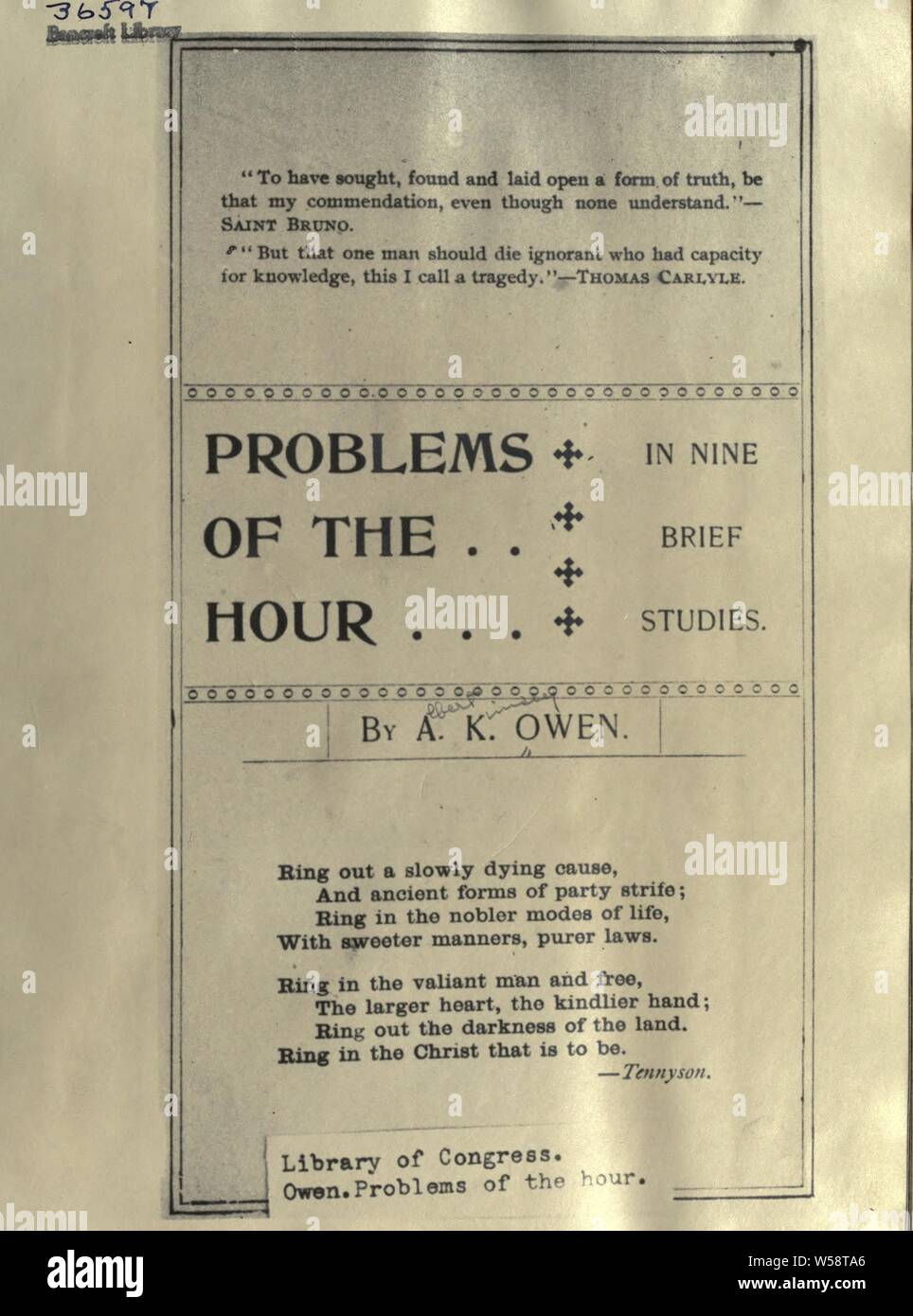 Problems of the hour in nine brief studies Owen, Albert Kimsey Stock
