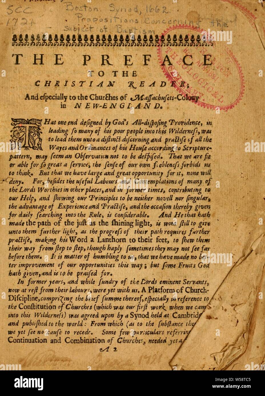 Propositions concerning the subject of baptism and consociation of churches, collected and confirmed out of the word of God, by a synod of elders and messengers of the churches in Massachusetts-Colony in New England. Assembled at Boston, ... in the year 1662. .. : Congregational Churches in Massachusetts. Boston synod, 1662 Stock Photo