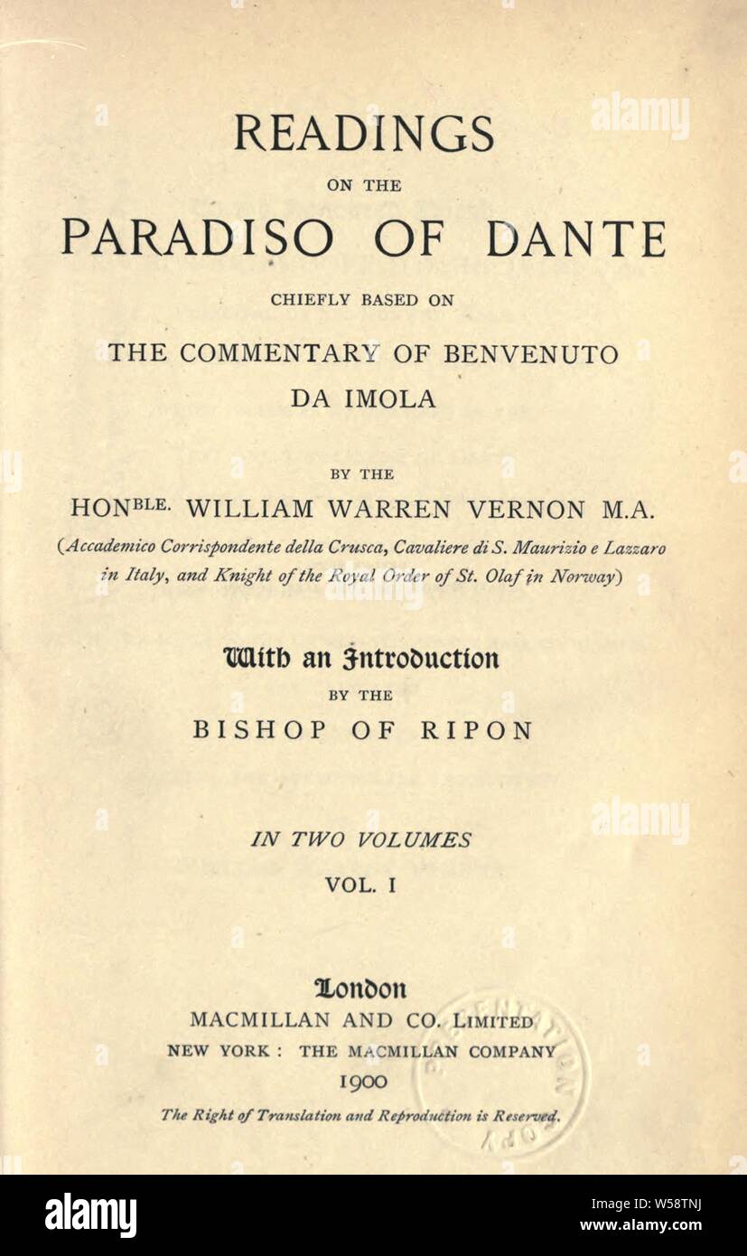 Readings on the Paradiso of Dante : Vernon, William Warren, 1834-1919 Stock Photo