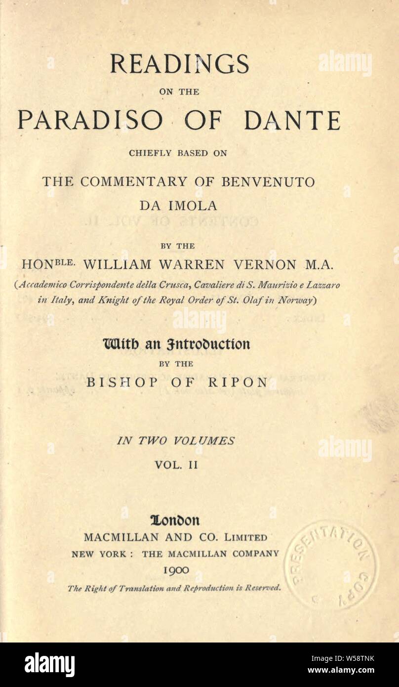 Readings on the Paradiso of Dante : Vernon, William Warren, 1834-1919 Stock Photo