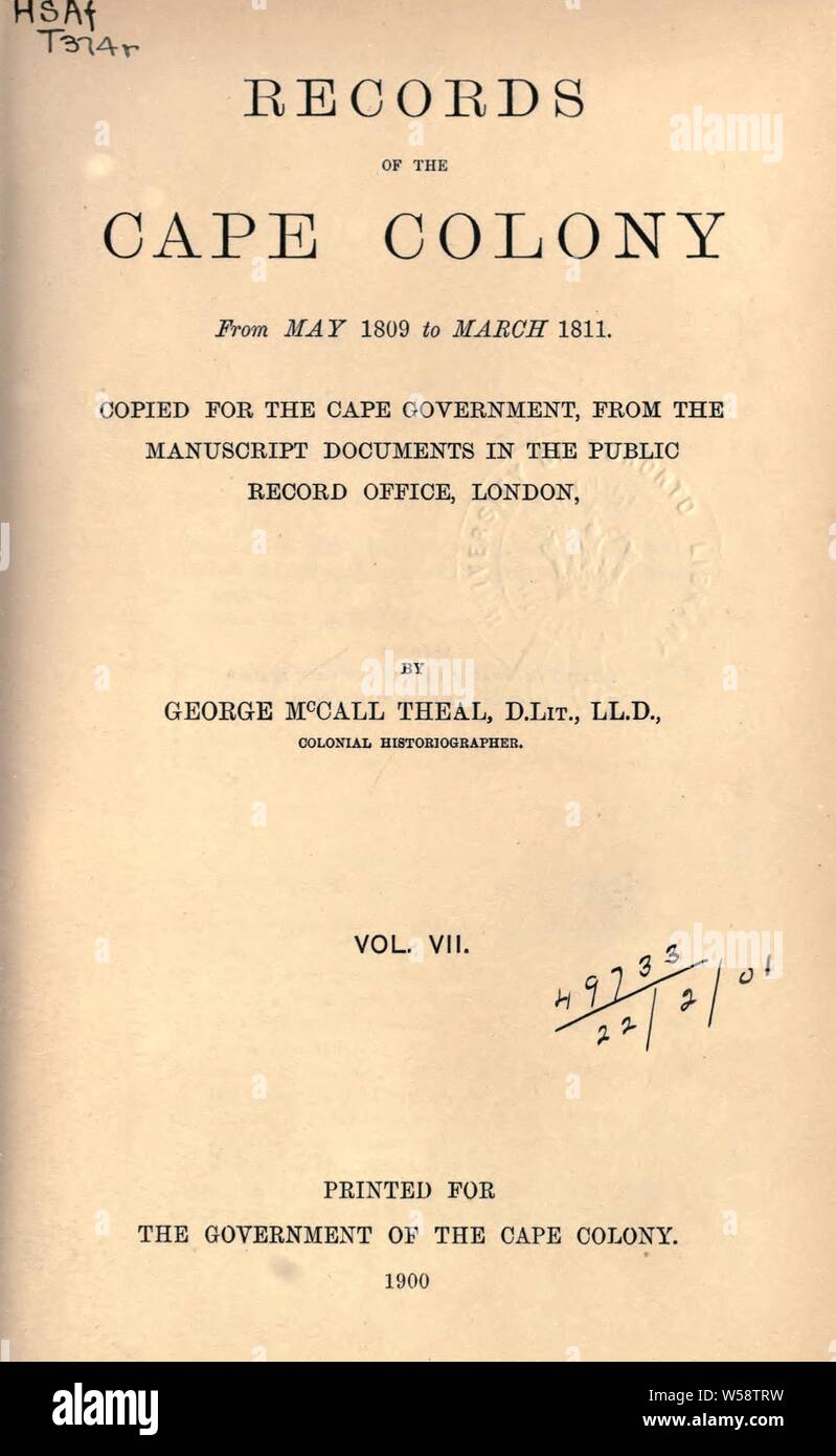 Records of the Cape Colony 17931831 copied for the Cape government