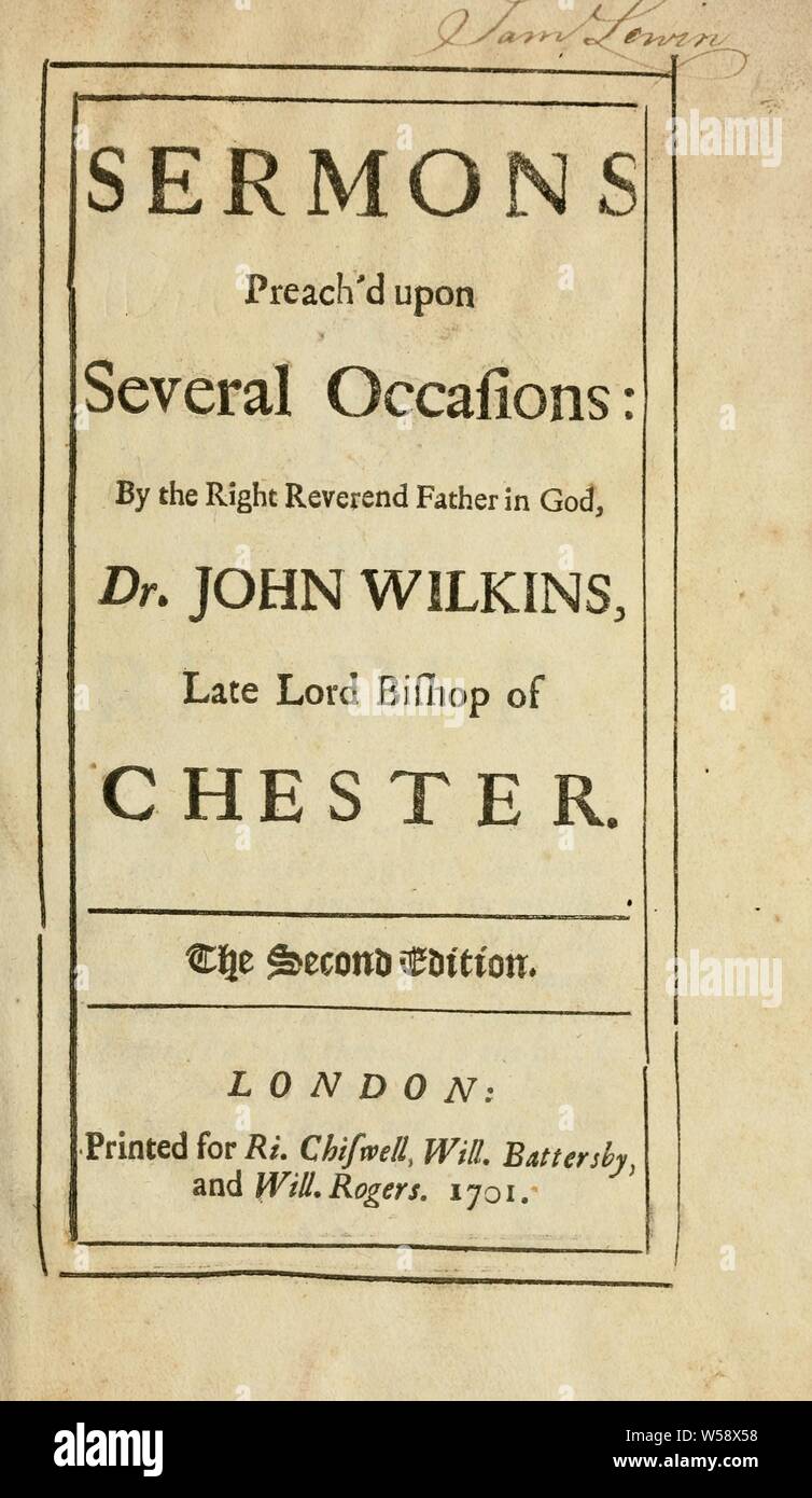 Sermons preach'd upon several occasions : Wilkins, John, 1614-1672 Stock Photo
