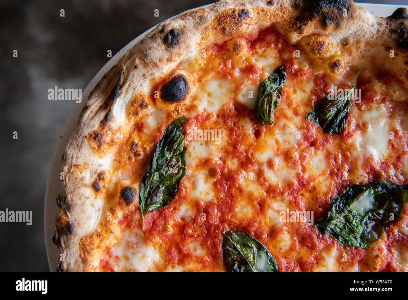 Close-up of thin-crust pizza with cheese, tomato and basilic Stock Photo