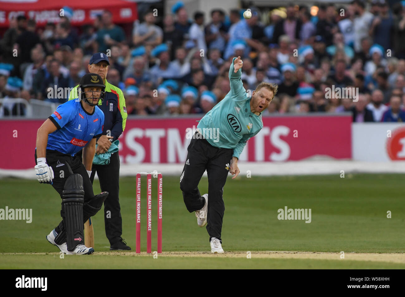 Hove, UK. 26th July, 2019. 26th July 2019, Central County Ground, Hove; Vitality Blast 2019 T20, Sussex Sharks vs Surrey ; gareth batty of surrey Bowles out Laurie Evans of Sussex Credit: Phil Westlake/News Images Credit: News Images /Alamy Live News Stock Photo