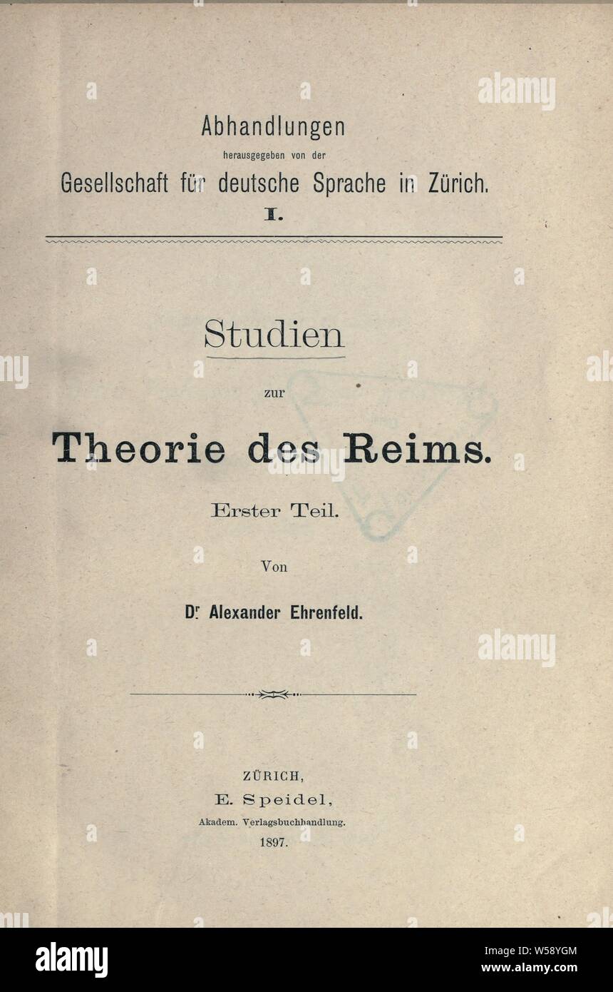 Studien zur Theorie des Reims : Ehrenfeld, Alexander, 1869 Stock Photo