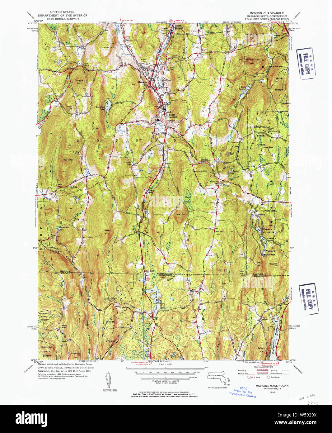 Massachusetts USGS Historical Topo Map MA Monson 351911 1953 31680