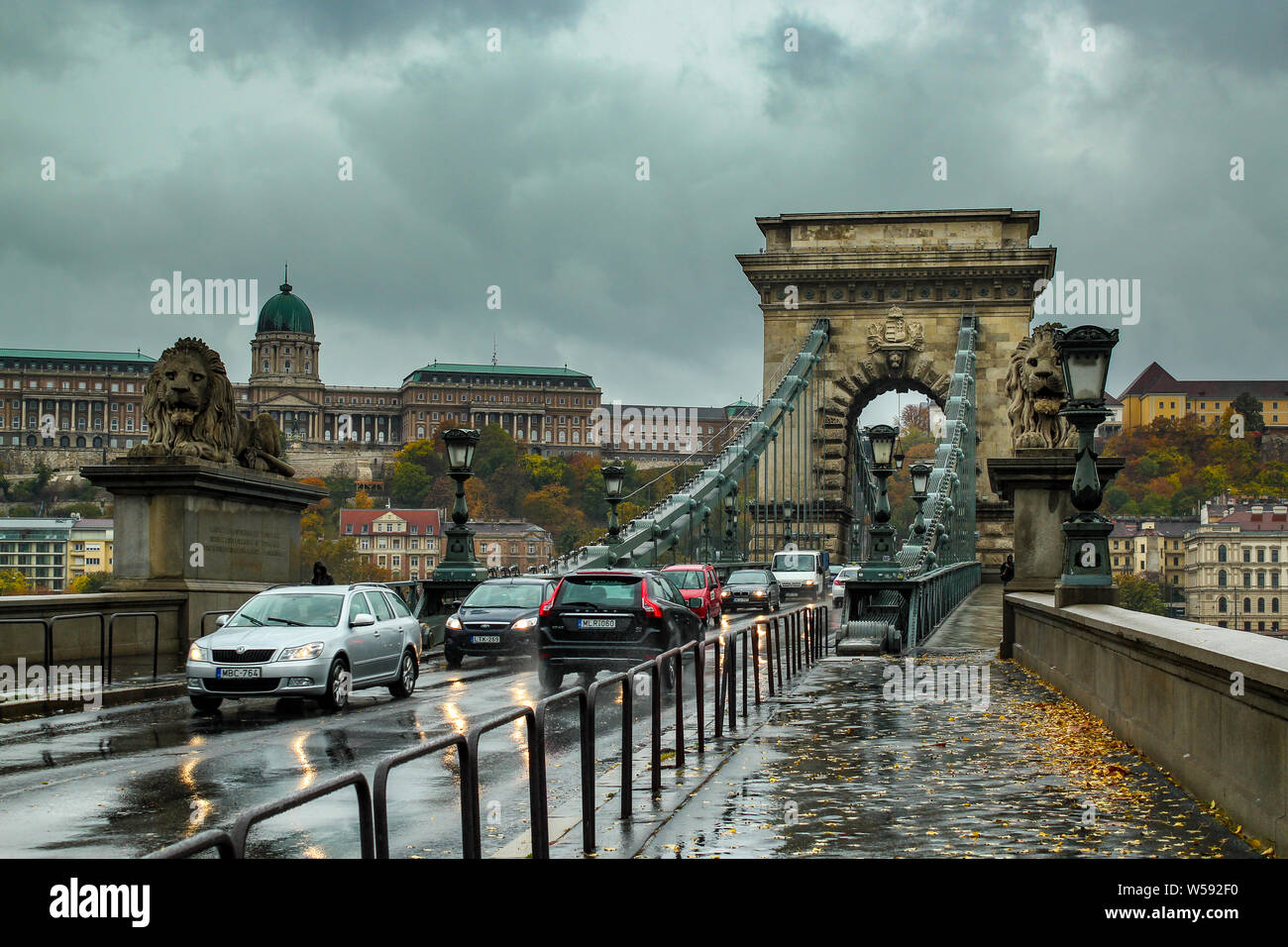 Budapest / Hungary - October 16 2013: Szechenyi Chain Bridge on a rainy day. Stock Photo