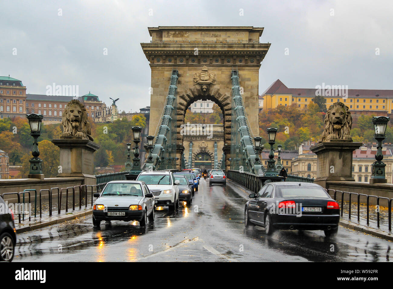 Budapest / Hungary - October 16 2013: Szechenyi Chain Bridge on a rainy day. Stock Photo