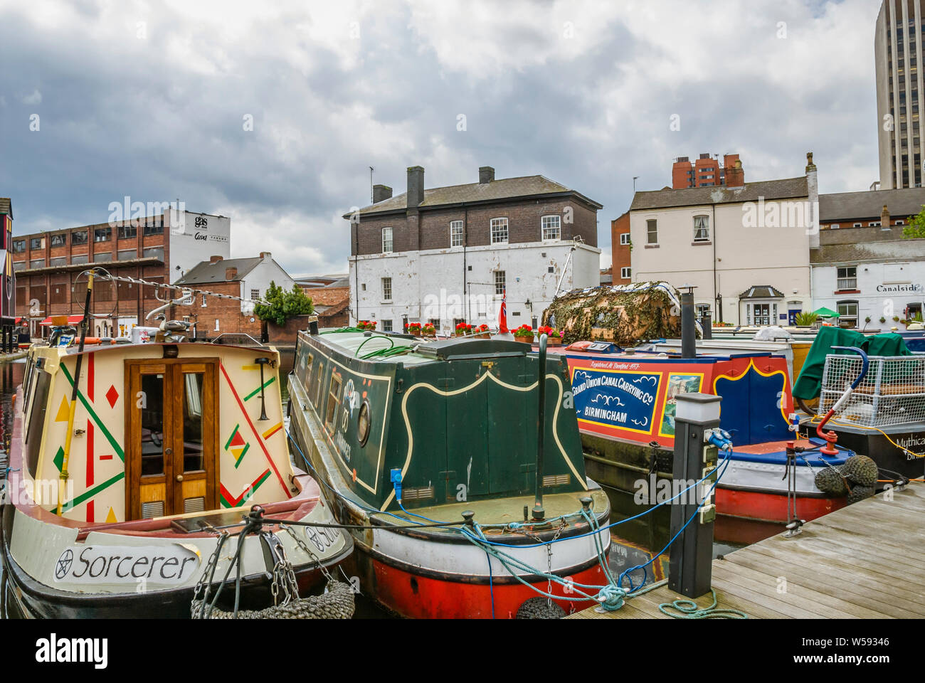 Gas Street Basin Narrow Boat Marina, a canal basin in the centre of Birmingham, England Stock Photo