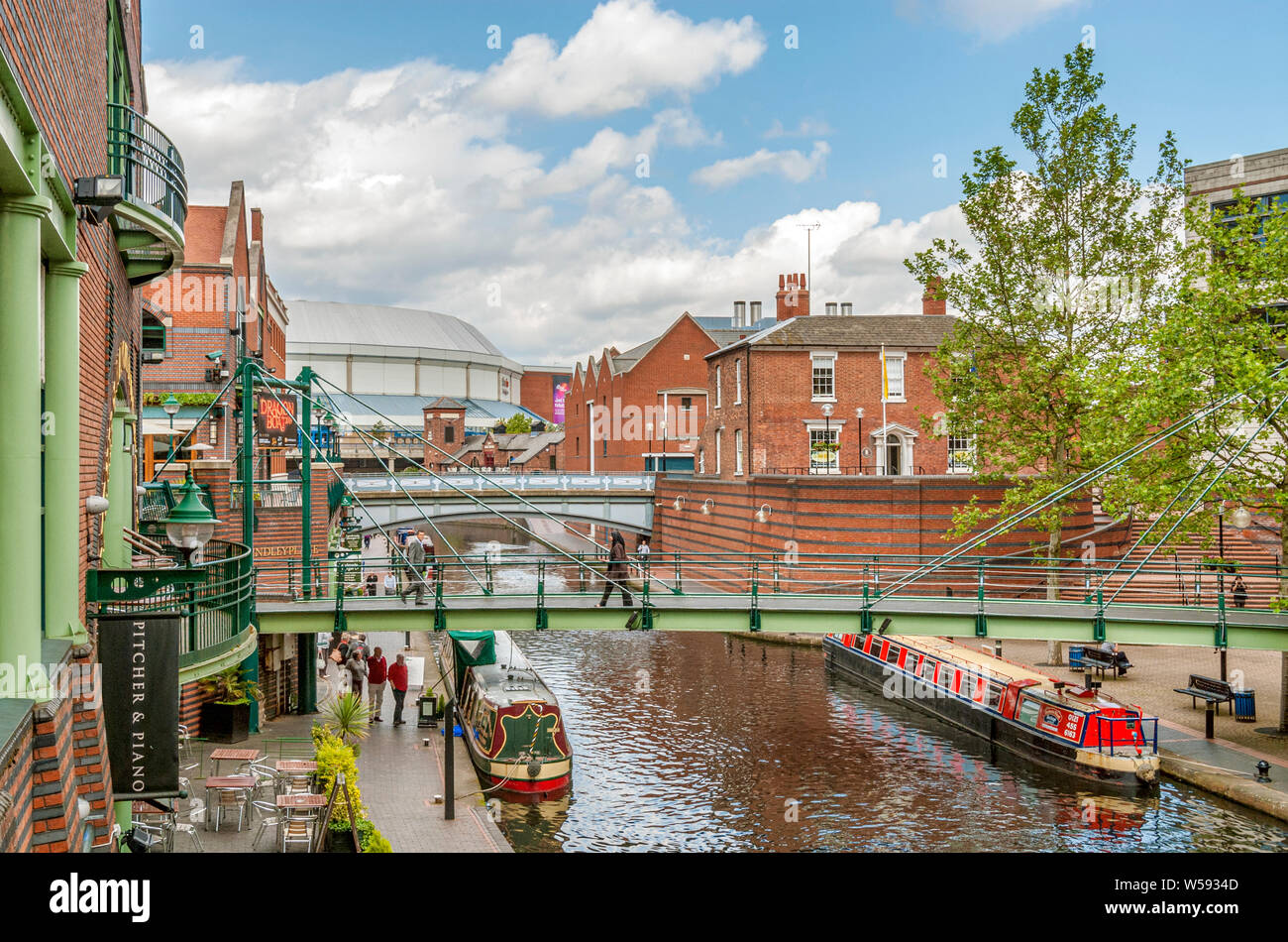 Gas Street Basin Narrow Boat Marina, a canal basin in the centre of Birmingham, England Stock Photo