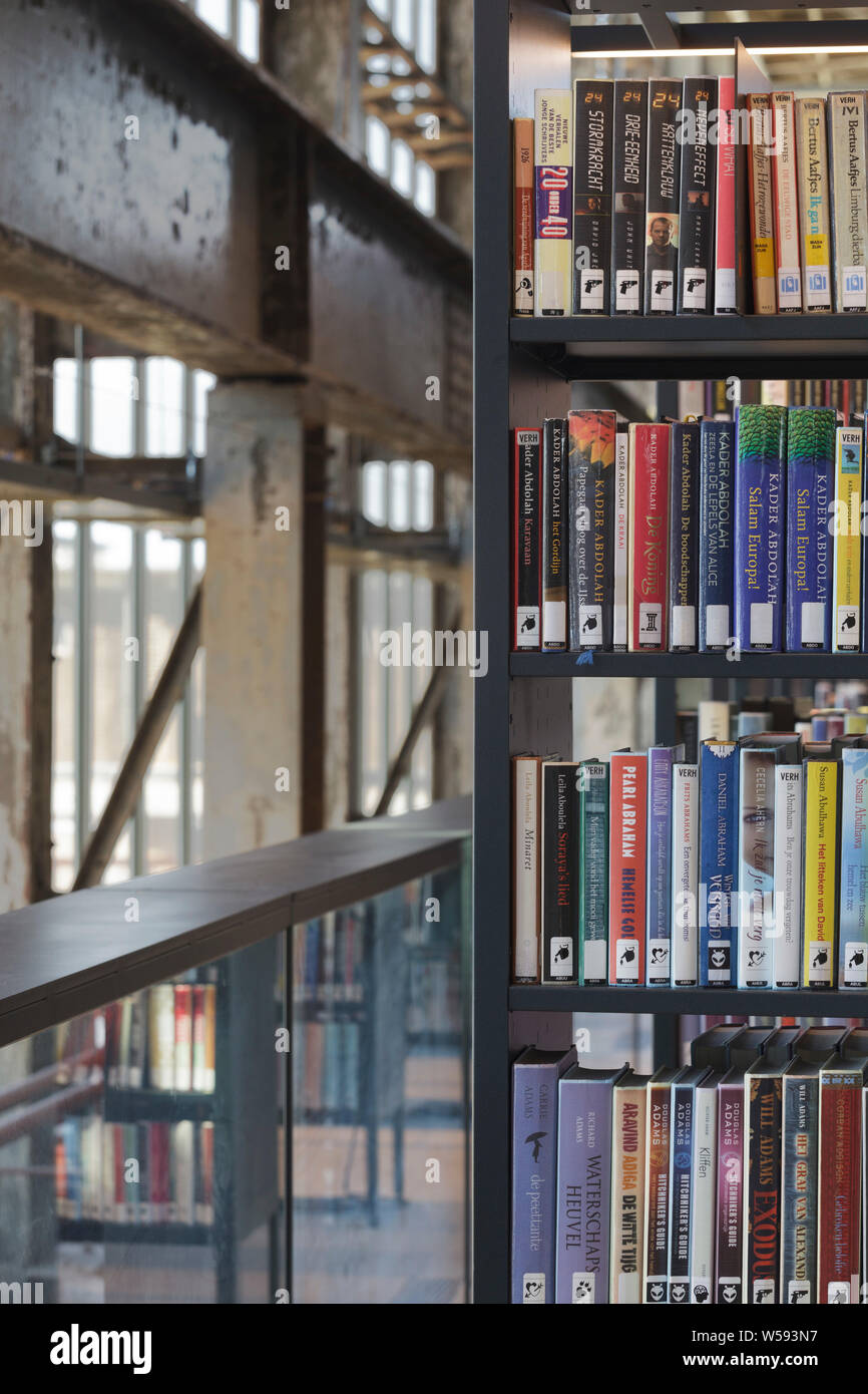 Bookshelves with steel beam framework in background. Bibliotheek LocHal, Tilburg, Netherlands. Architect: CIVIC Architects / Braaksma & Roos Architect Stock Photo