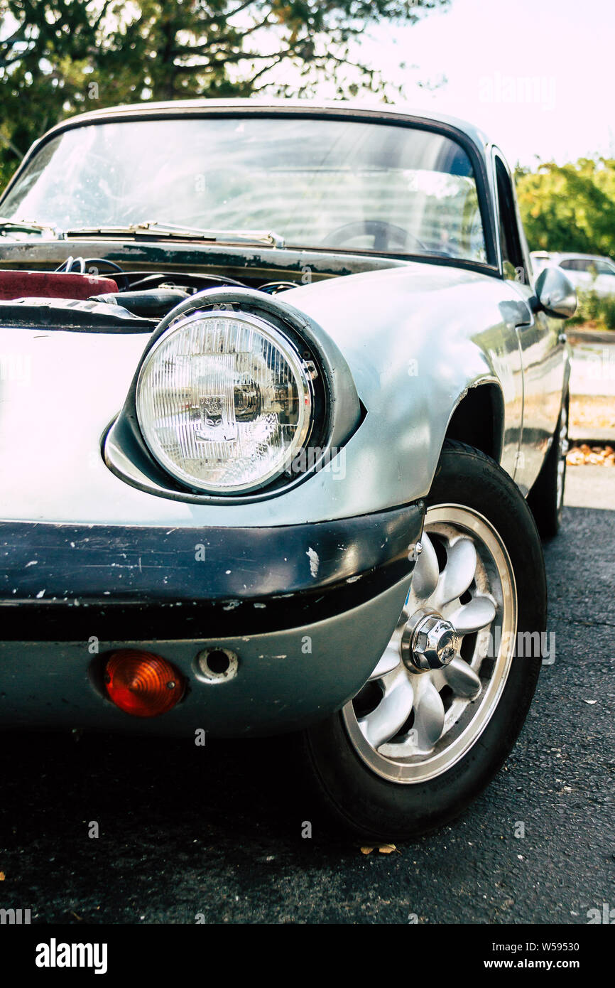 A Lotus Elan with a lot of patina sits in the sunlight at Orinda Cars and Coffee. Stock Photo