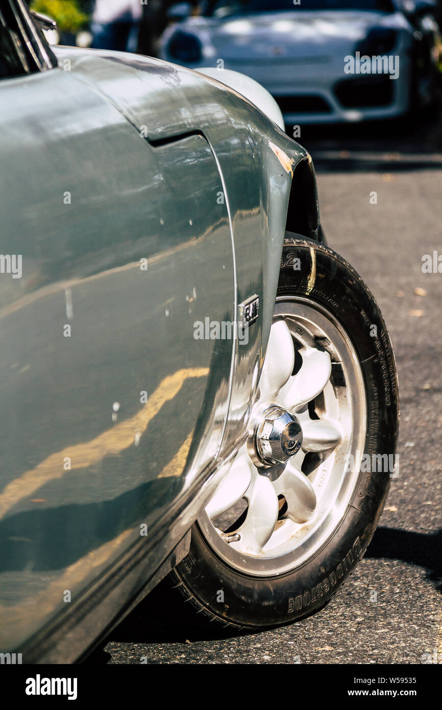 A Lotus Elan with a lot of patina sits in the sunlight at Orinda Cars and Coffee. Stock Photo