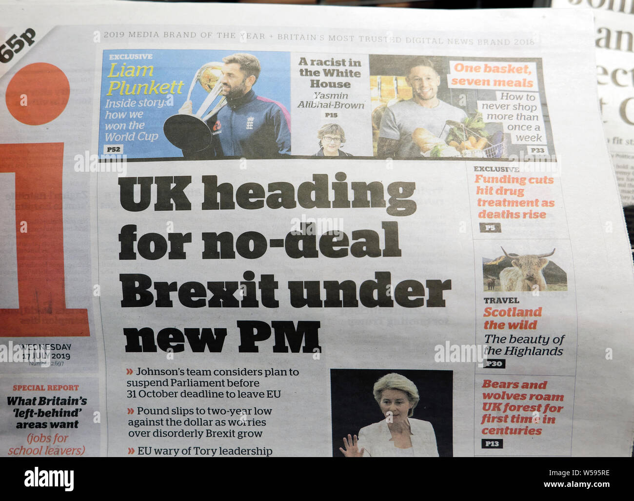 i newspaper headline 'UK heading for no-deal Brexit under new PM' on front page 27 July 2019 London England UK Stock Photo