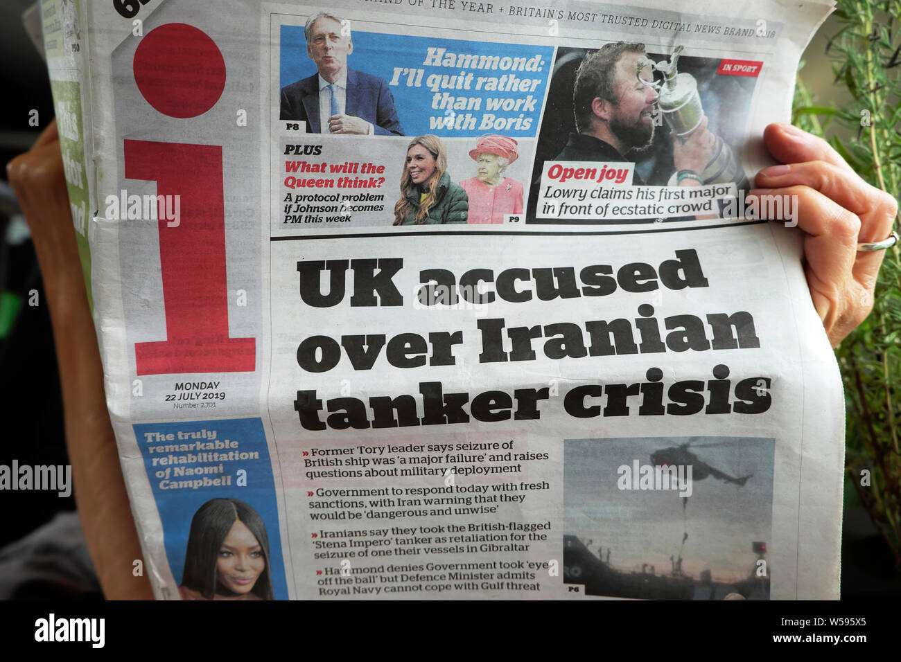 i newspaper headline on front page 'UK accused over Iranian tanker crisis' in London England UK   22 July 2019 Stock Photo