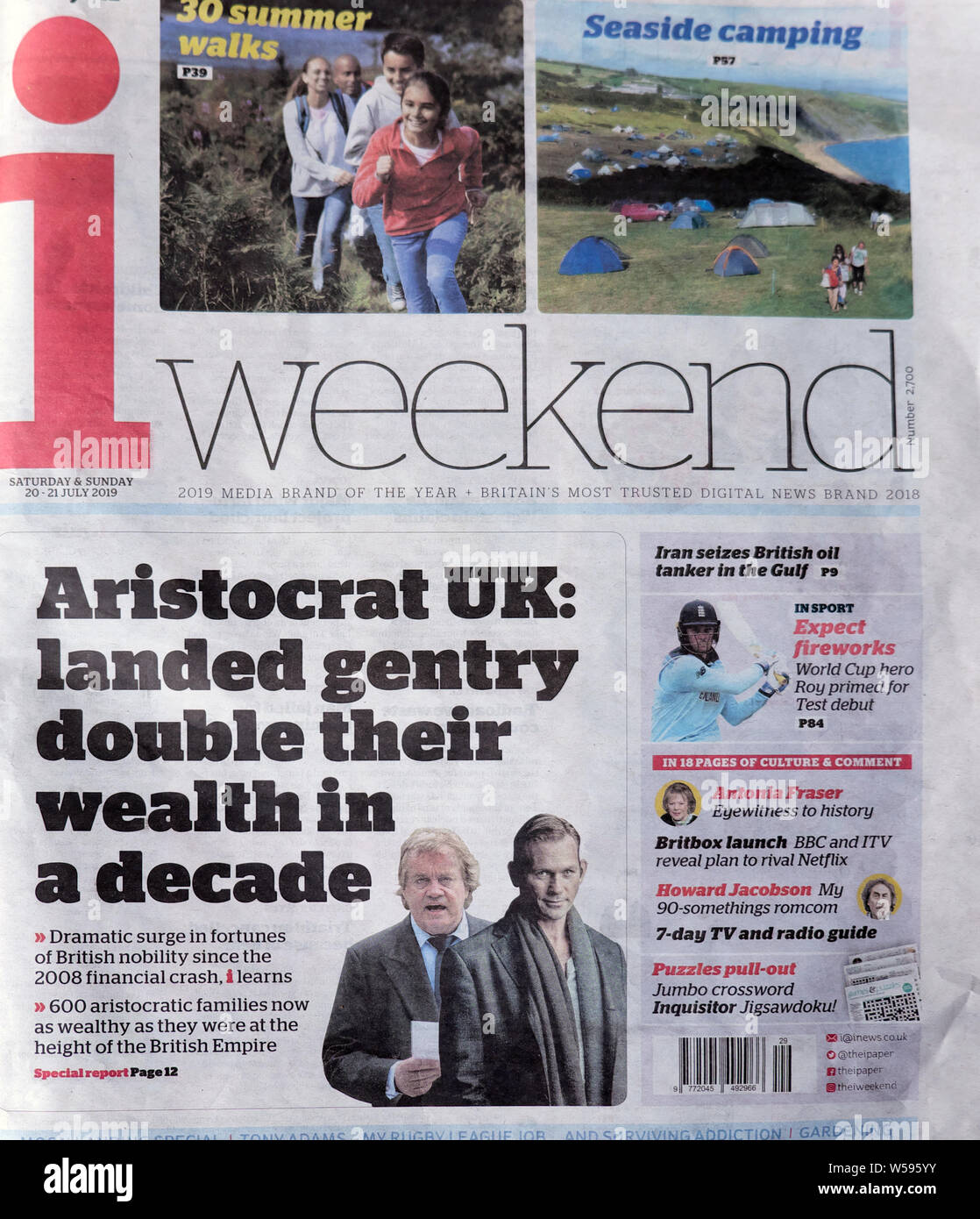 i newspaper headline on front page 'Aristocrat UK: landed gentry double their wealth in a decade' since 2008 financial crash London England UK Stock Photo