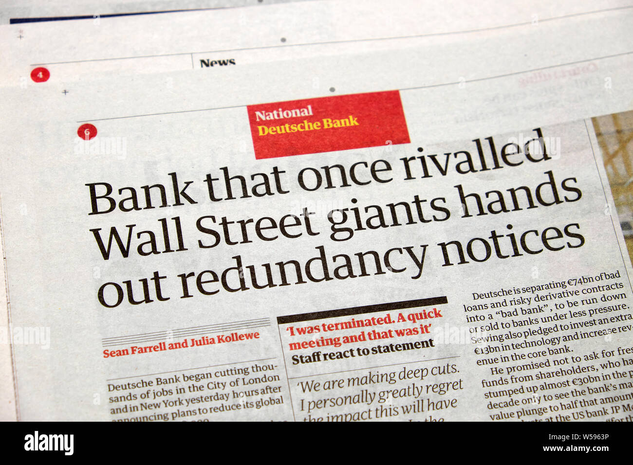 'Bank that once rivalled Wall Street giants hands out redundancy notices' Deutsche bank Guardian newspaper article in paper July 2019 London UK Stock Photo