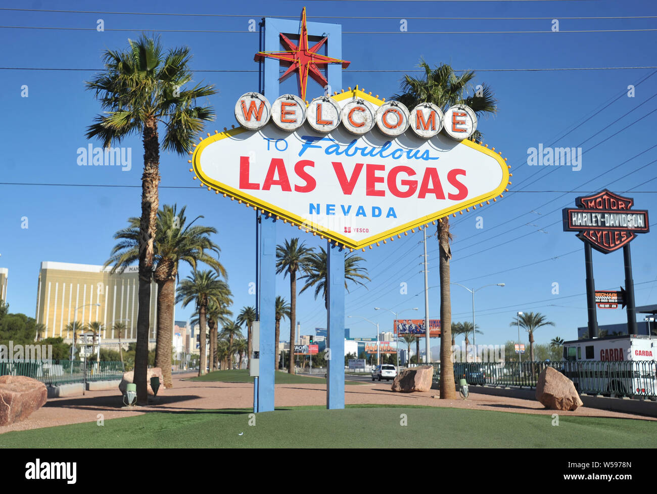 The famous Welcome to Las Vegas sign on the entrance to the city on Las Vegas Boulevard, Nevada Stock Photo