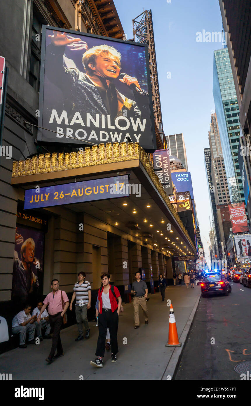 The Lunt-Fontanne Theatre is seen ready for the opening night of the Barry Manilow Broadway show, seen on Thursday, July 25, 2019. Tickets sales for the crooners show are reported to be slow despite his popularity. (© Richard B. Levine) Stock Photo