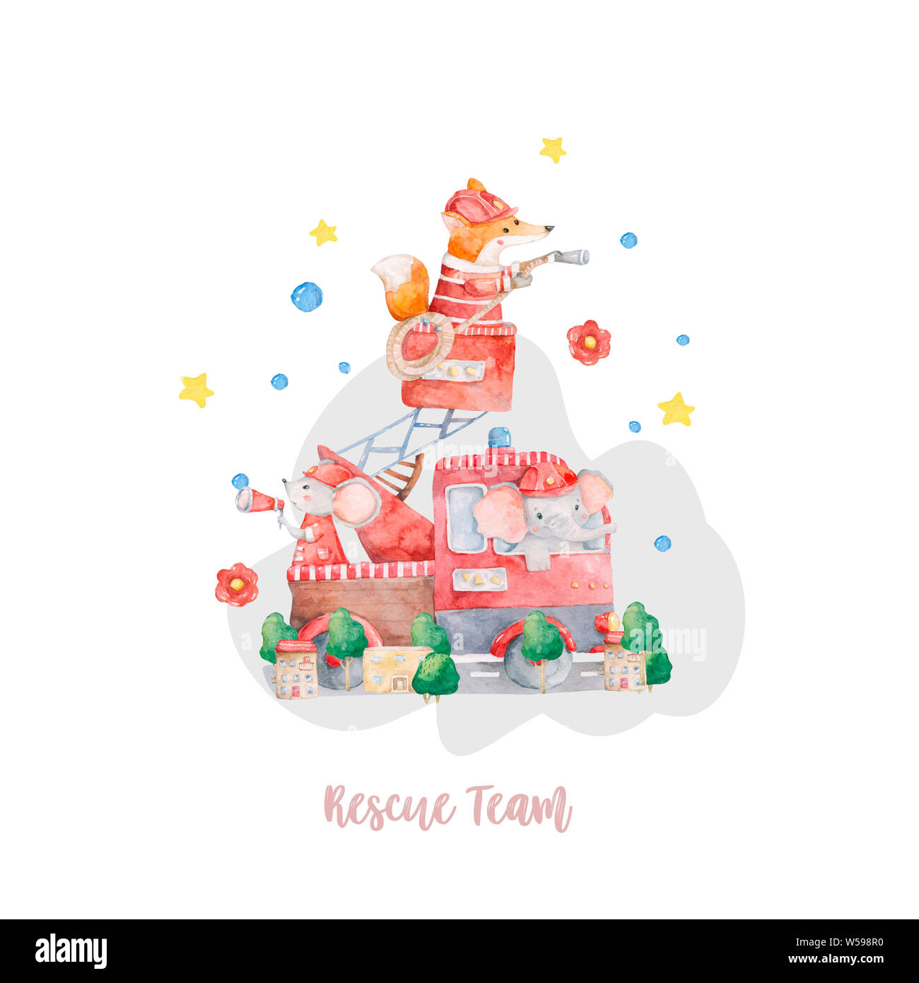 Watercolor rescue kit. Little Heroes the fire rescue funny cartoon ...