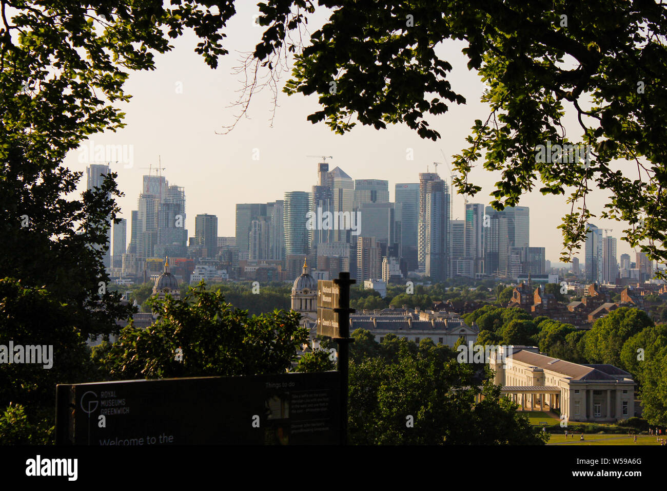 London City - view from Greenwich Park Observatory (Royal Observatory) Stock Photo