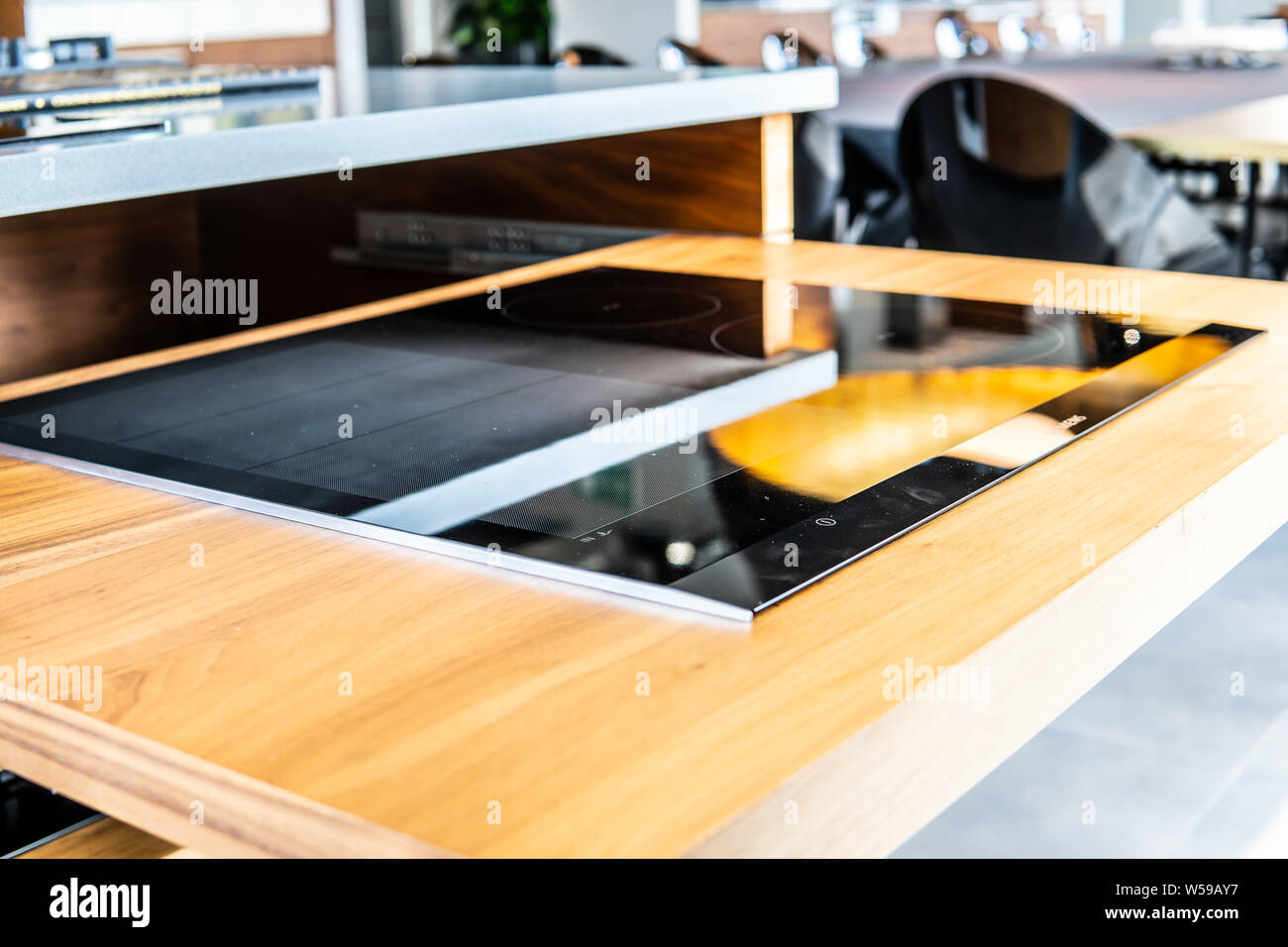 inside showroom, Siemens gas, electric, induction hobs, cooktop and Built-in ovens from manufacturer of home appliances Stock Photo