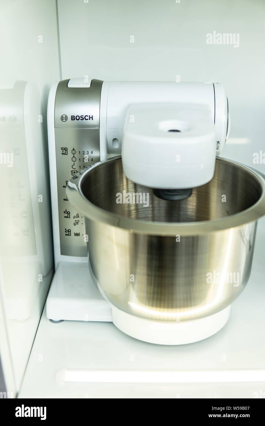 Warsaw, Poland, July 2018 Bosch showroom store, Bosch OptiMUM Food Processor Kitchen machine on display for sale, perfect cooking experience Stock Photo