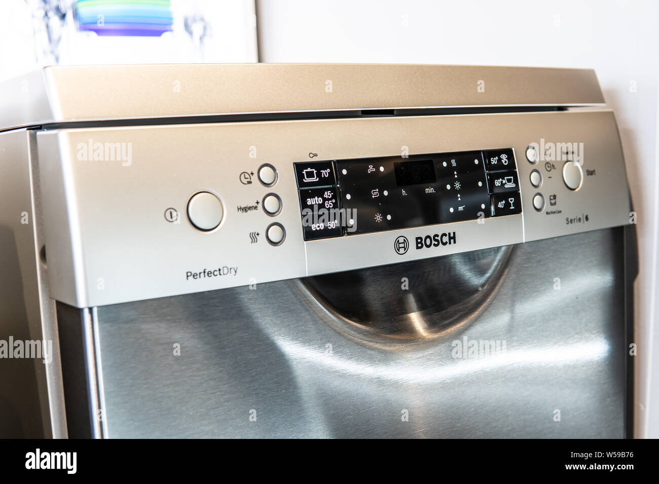 inside Bosch showroom, silver inox Bosch SuperSilence dishwashers on  display for sale, produced by BSH Home Appliances Stock Photo - Alamy