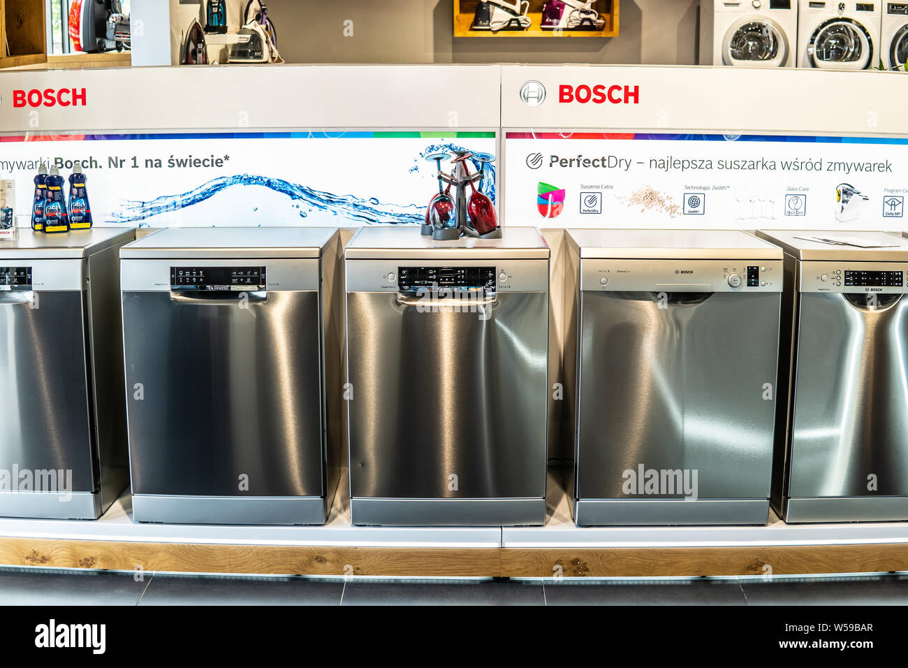 inside Bosch showroom, silver inox Bosch SuperSilence dishwashers on  display for sale, produced by BSH Home Appliances Stock Photo - Alamy