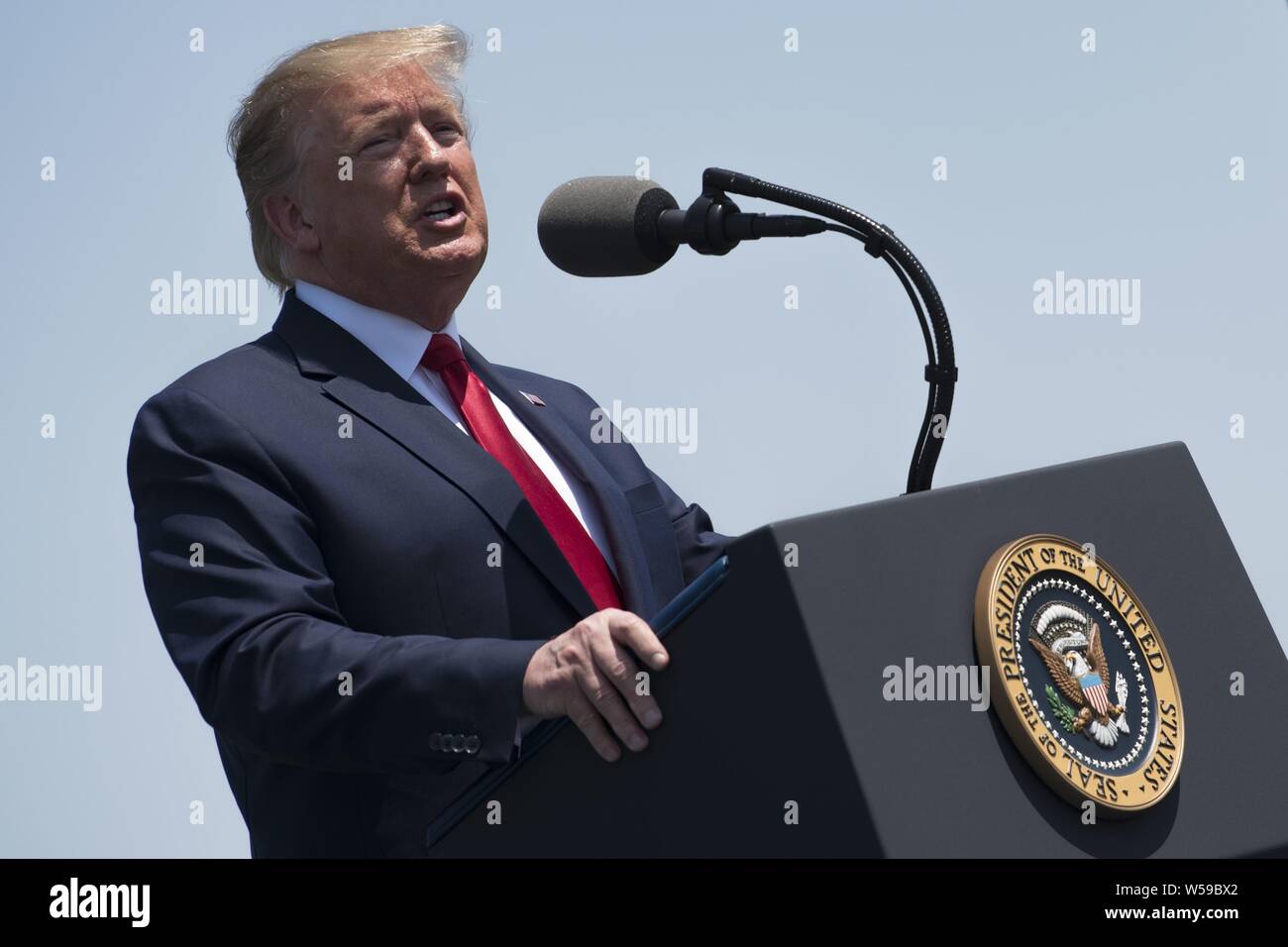 U.S. President Donald J. Trump speaks during a Full Honors Welcome Ceremony for Secretary of Defense Dr. Mark T. Esper, at the Pentagon, Washington, D.C. July 25, 2019, July 25, 2019. (DoD photo by Lisa Ferdinando). () Stock Photo