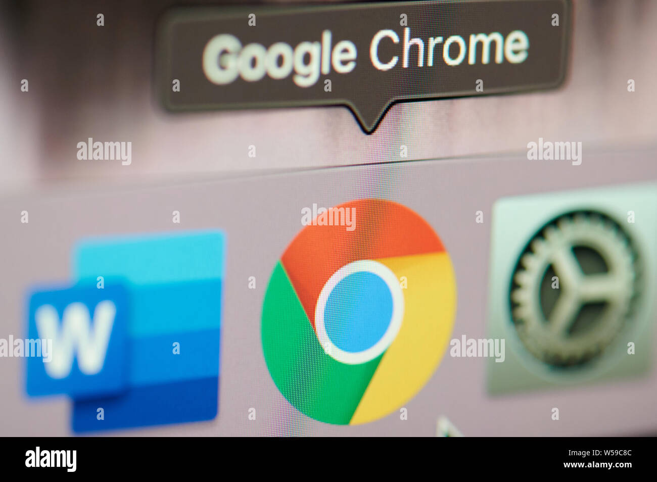 New york, USA - july 26, 2019: Starting google chrome application on computer macro close up view in pixel screen Stock Photo