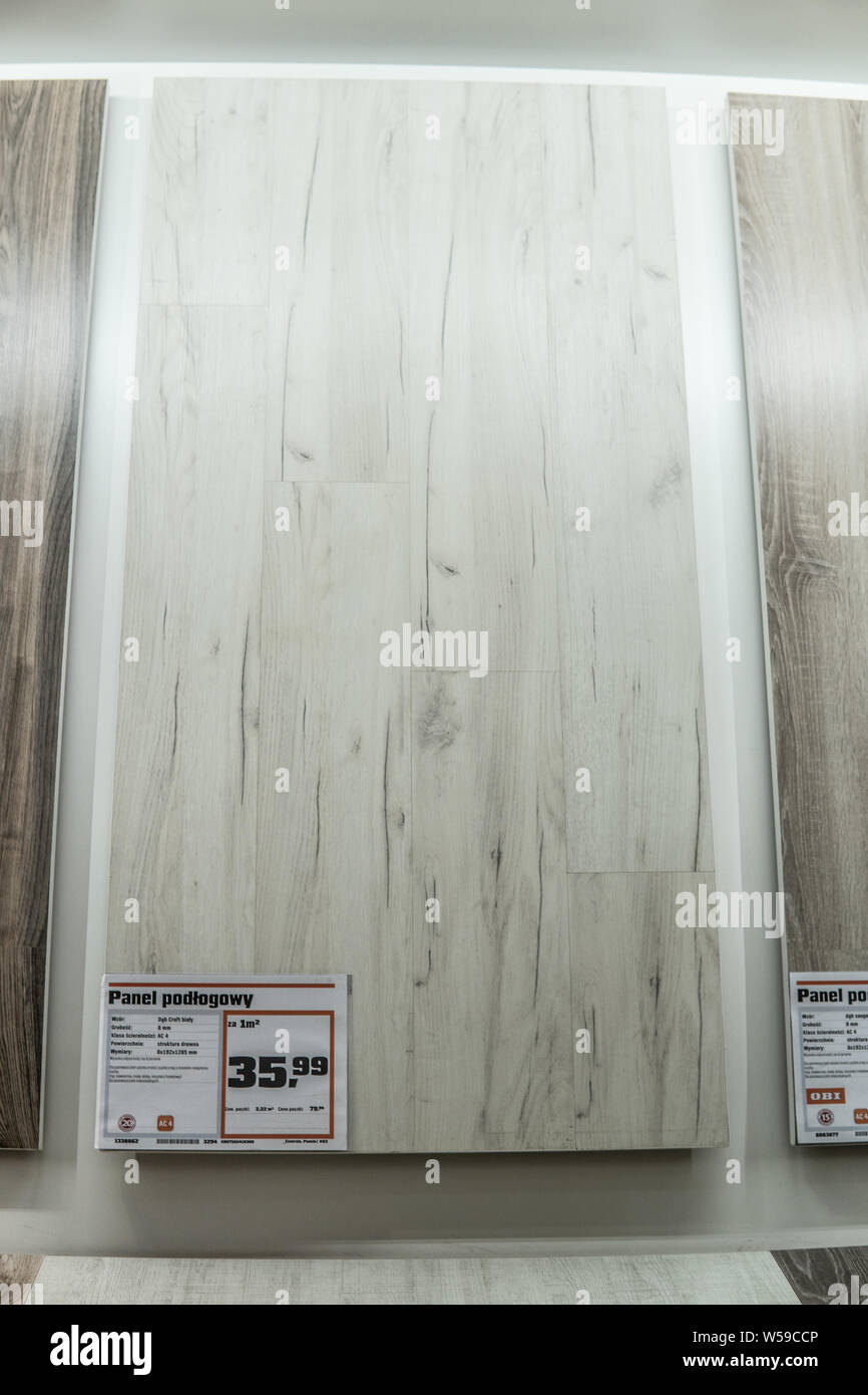 Lodz, Poland, July 2018: wood floor panel board on display for sale, batten, ash, oak, beech exposition in OBI market store Stock Photo