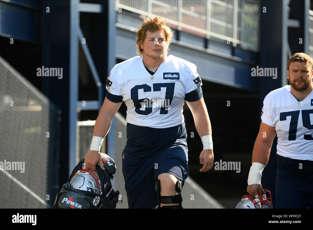 Foxborough, Massachusetts, USA. 26th July, 2019. New England Patriots offensive lineman Tyler Gauthier (67) at the New England Patriots training camp held on the practice fields at Gillette Stadium, in Foxborough, Massachusetts. Eric Canha/CSM/Alamy Live News Stock Photo