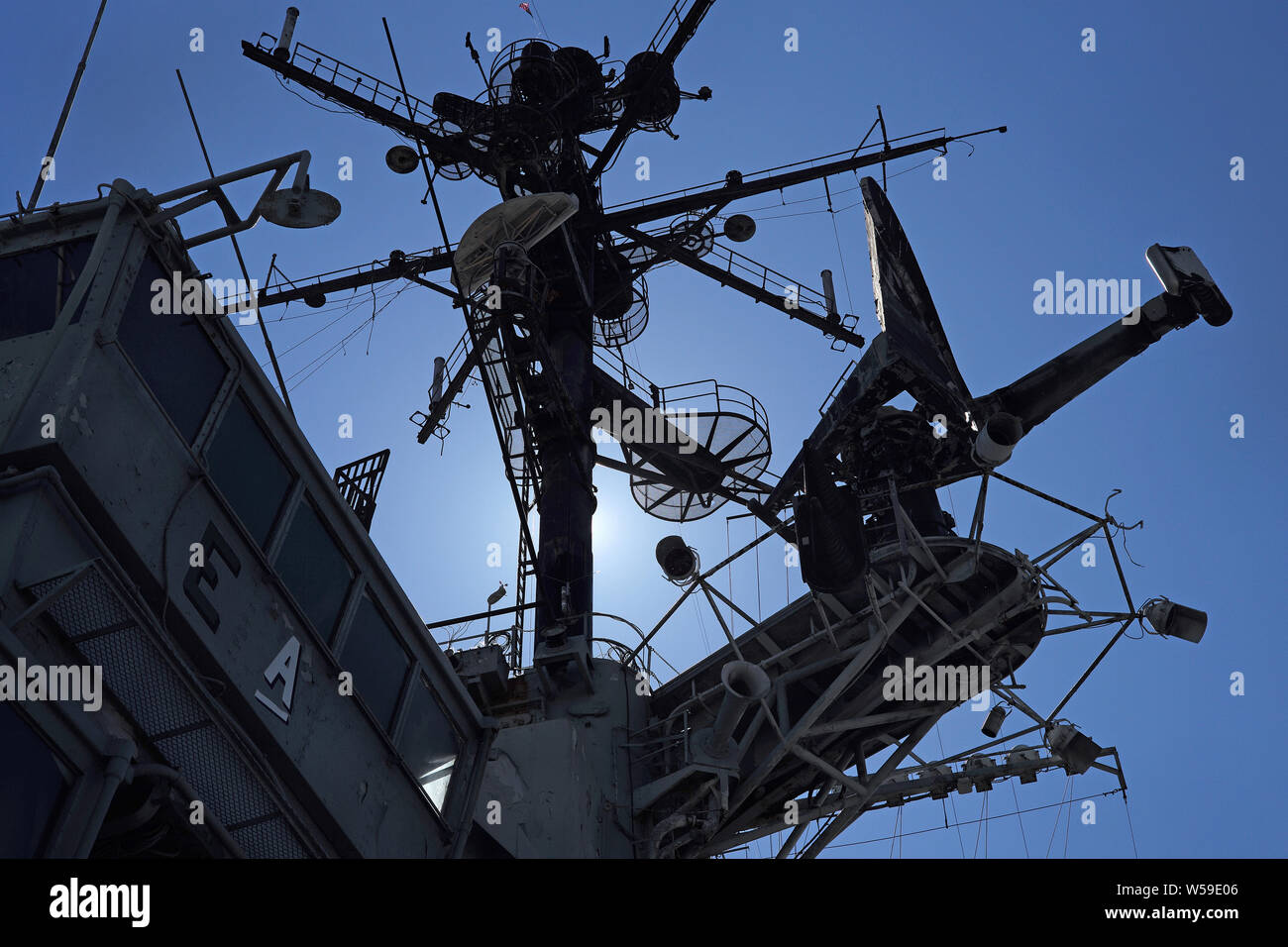 USS Hornet mast superstructure island. Stock Photo
