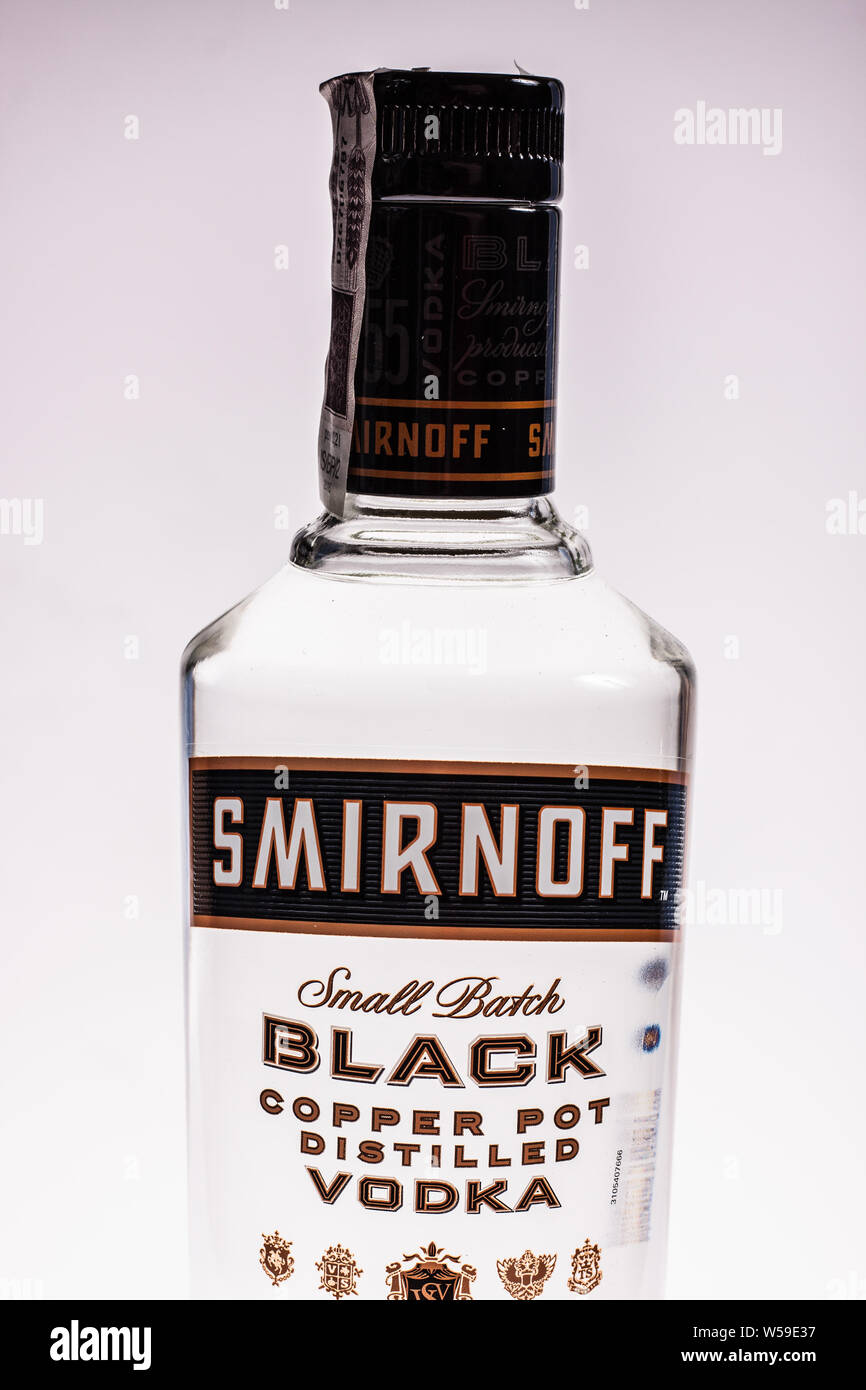 Bottle of Vodka, Smirnoff Black, Copper Pot Distilled, white background