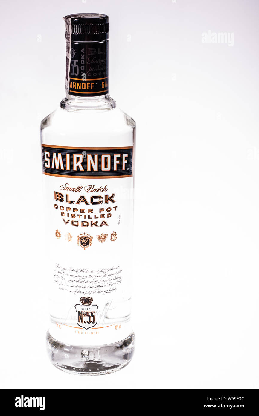 Bottle of Vodka, Smirnoff Black, Copper Pot Distilled, white background, isolated Stock Photo