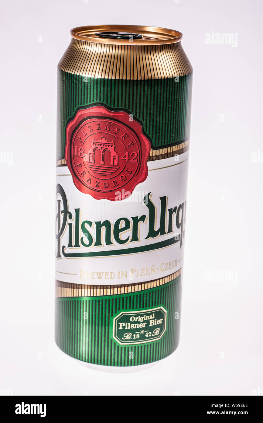 Lodz, Poland, December 2016: Czech Beer Can, Pilsner Urquell, Brewed in Plzen by Pilsner Urquell Brewery Stock Photo
