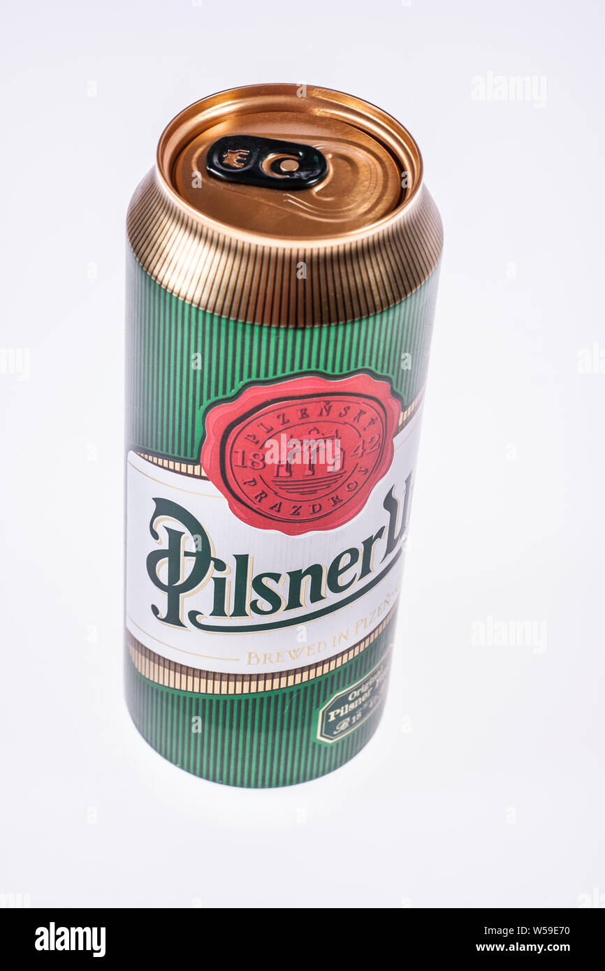 Lodz, Poland, December 2016: Czech Beer Can, Pilsner Urquell, Brewed in Plzen by Pilsner Urquell Brewery Stock Photo