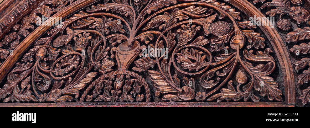 Beautiful decorative wood carvingt on a building in Zanzibar Stock