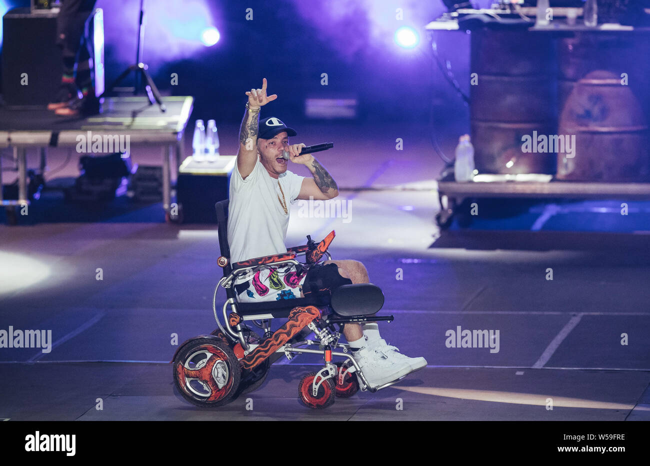 Naples, Italy. 26th July, 2019. The italian rap rock singer and songwriter Maurizio Pisciottu known as Salmo performing live during the "Playlist Summer Tour" at Noisy Fest in Naples. Credit: SOPA Images Limited/Alamy Live News Stock Photo