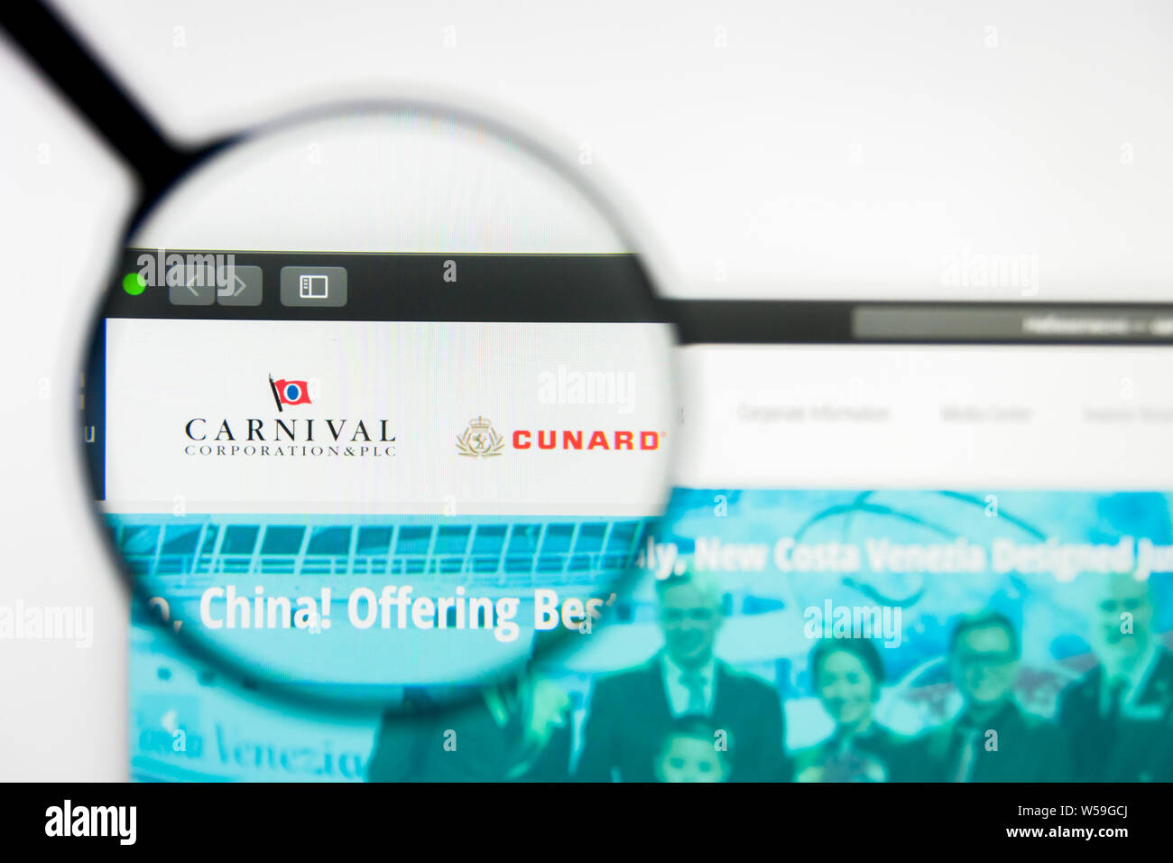 Richmond, Virginia, USA - 26 July 2019: Illustrative Editorial of Carnival Corporation website homepage. Carnival Corporation logo visible on screen. Stock Photo