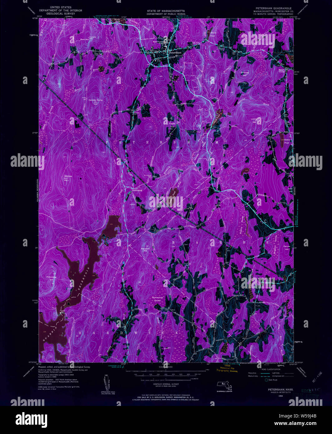 Massachusetts USGS Historical Topo Map MA Petersham 350453 1954 24000 Inverted Restoration Stock