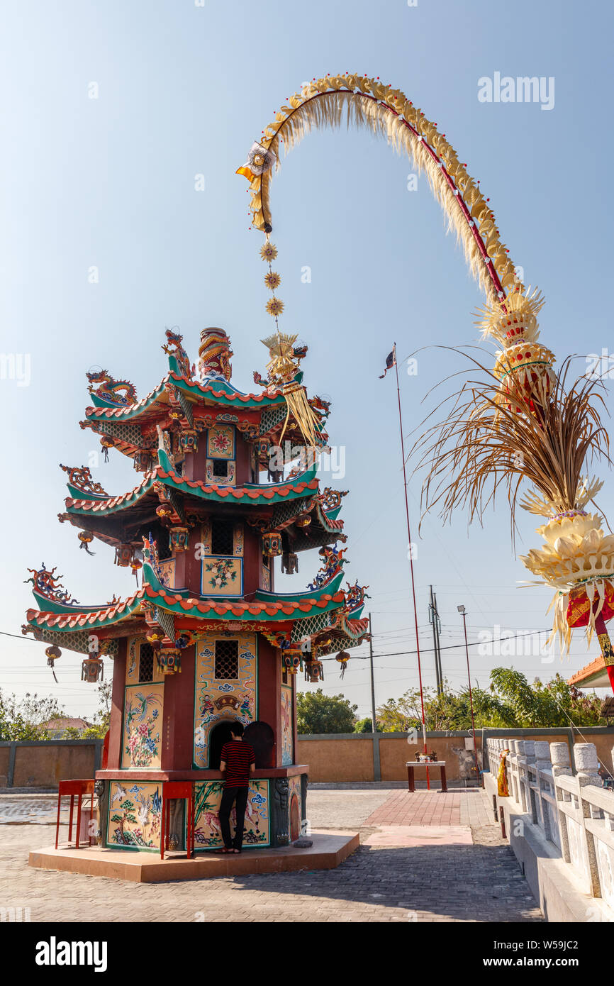 Outside buildings of Vihara Satya Dharma, Chinese Buddhist temple, honoring Tianhou Mazu, Chinese sea goddess. Benoa port, Bali, Indonesia. Stock Photo