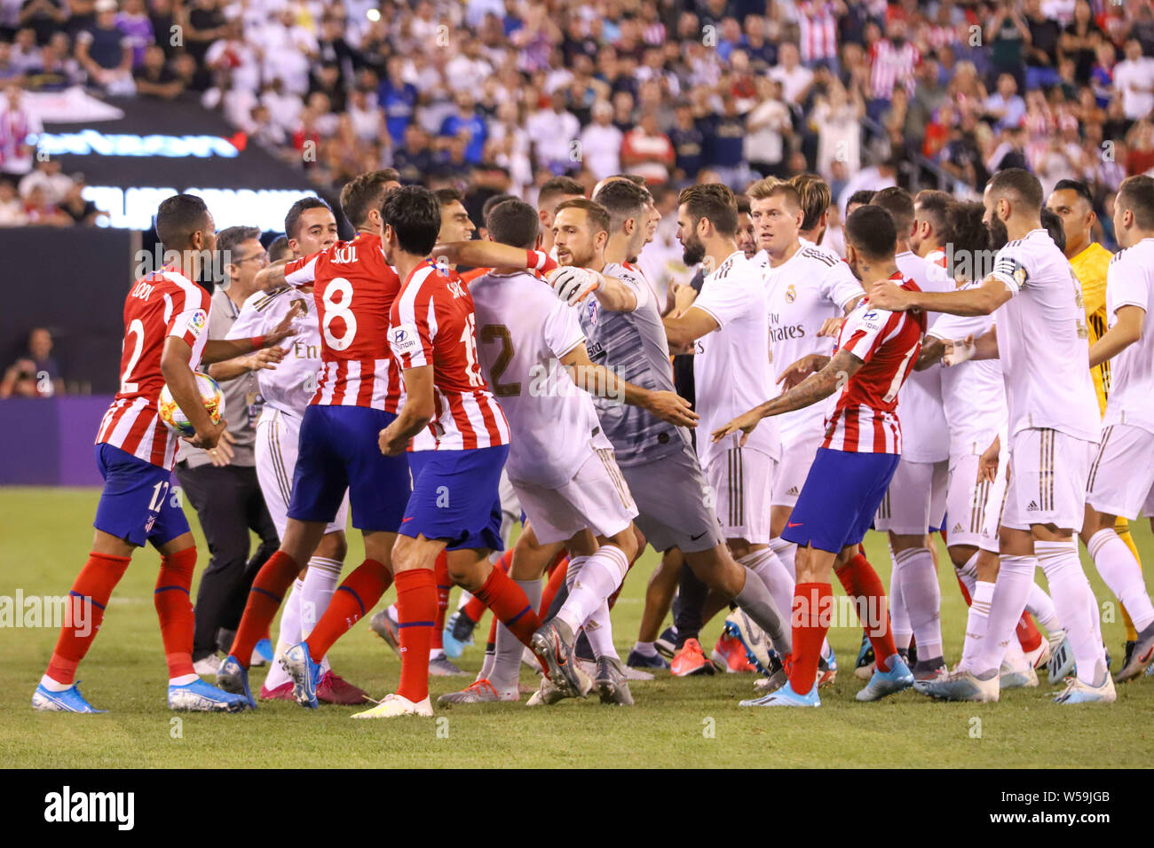 July 26, 2019, East Runtherford, New Jersey, United States: Players are  trying to separate the fight between Daniel Carvajal of Real Madrid and  Diego Costa of Atletico Madrid in the International Champions