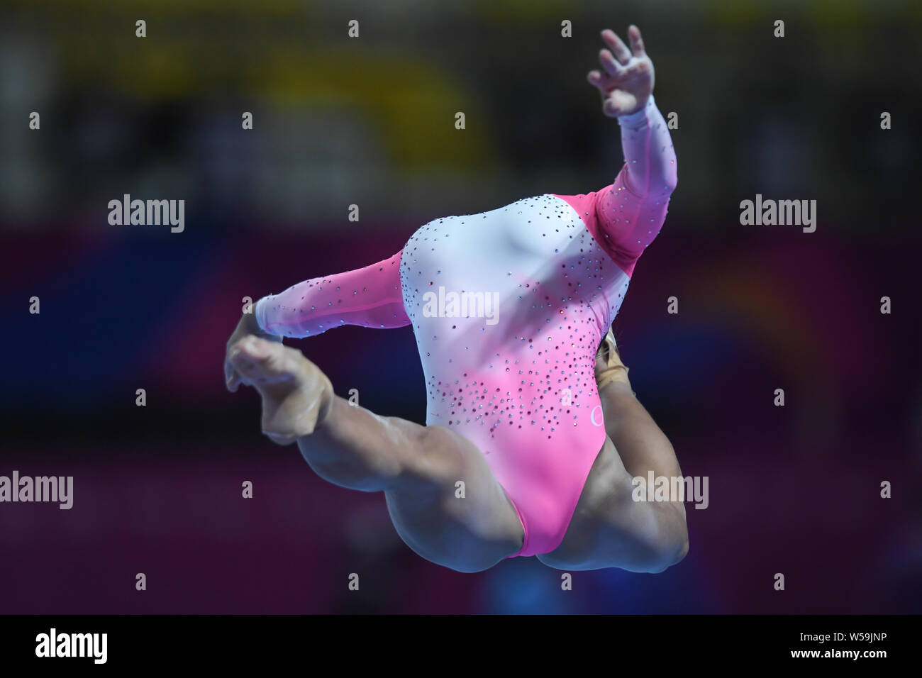July 24, 2019, Lima, Peru: FLAVIA SARAIVA from Brazil executes an excellent switch  ring leap on the floor exercise during podium training before the  competition held in the Polideportivo Villa El Salvador