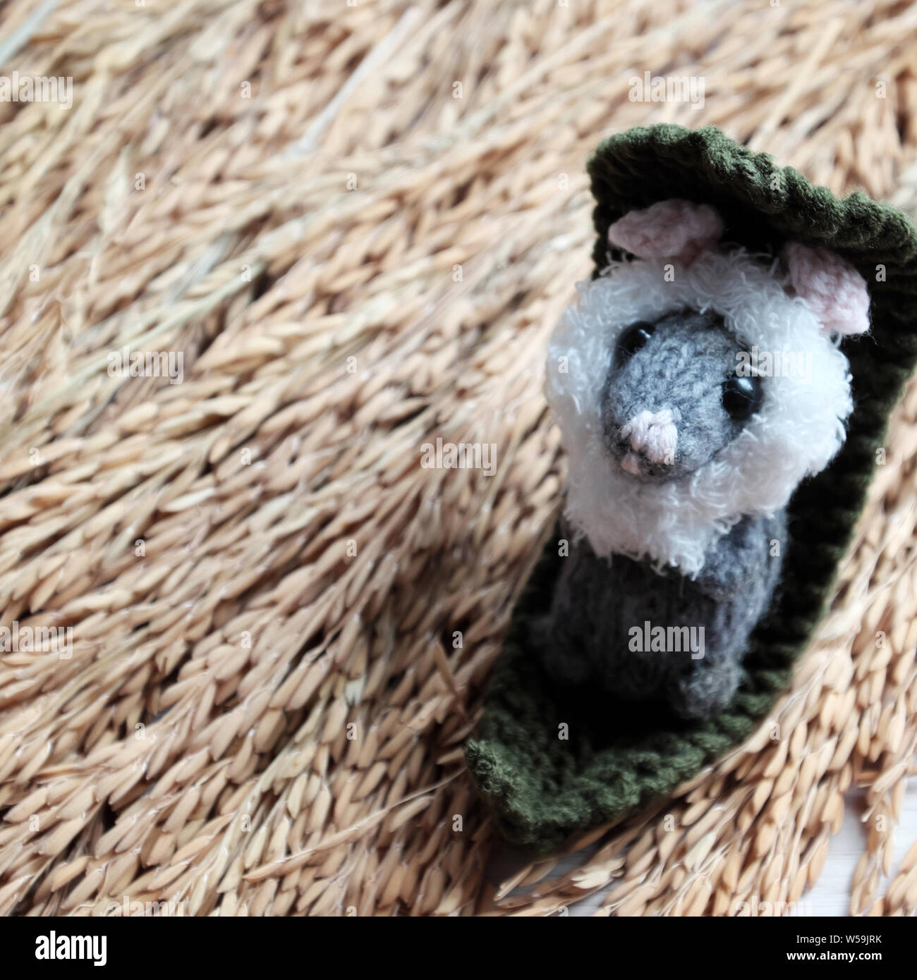 Cute mouse lay down to relax on sheaf of paddy background, handmade product woolen small rat knit from yarn in free time Stock Photo