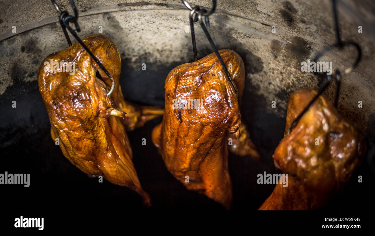 Brick kiln and roasted duck in huge clay oven. The ducks is put into the clay oven. China